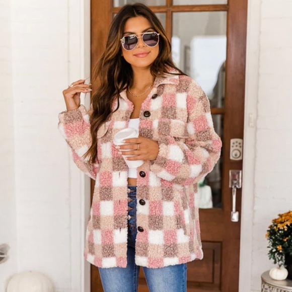 Pink Lily Jackets & Blazers - Pink Lily One More Chance Pink Checkered Sherpa Jacket Size Large
